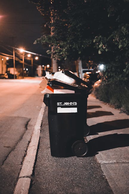 A black wheelie bin with the label 'St. John's' is positioned on the edge of a paved street at night, close to the curb and a row of dense green bushes. The bin's lid is open, revealing a mixed collec